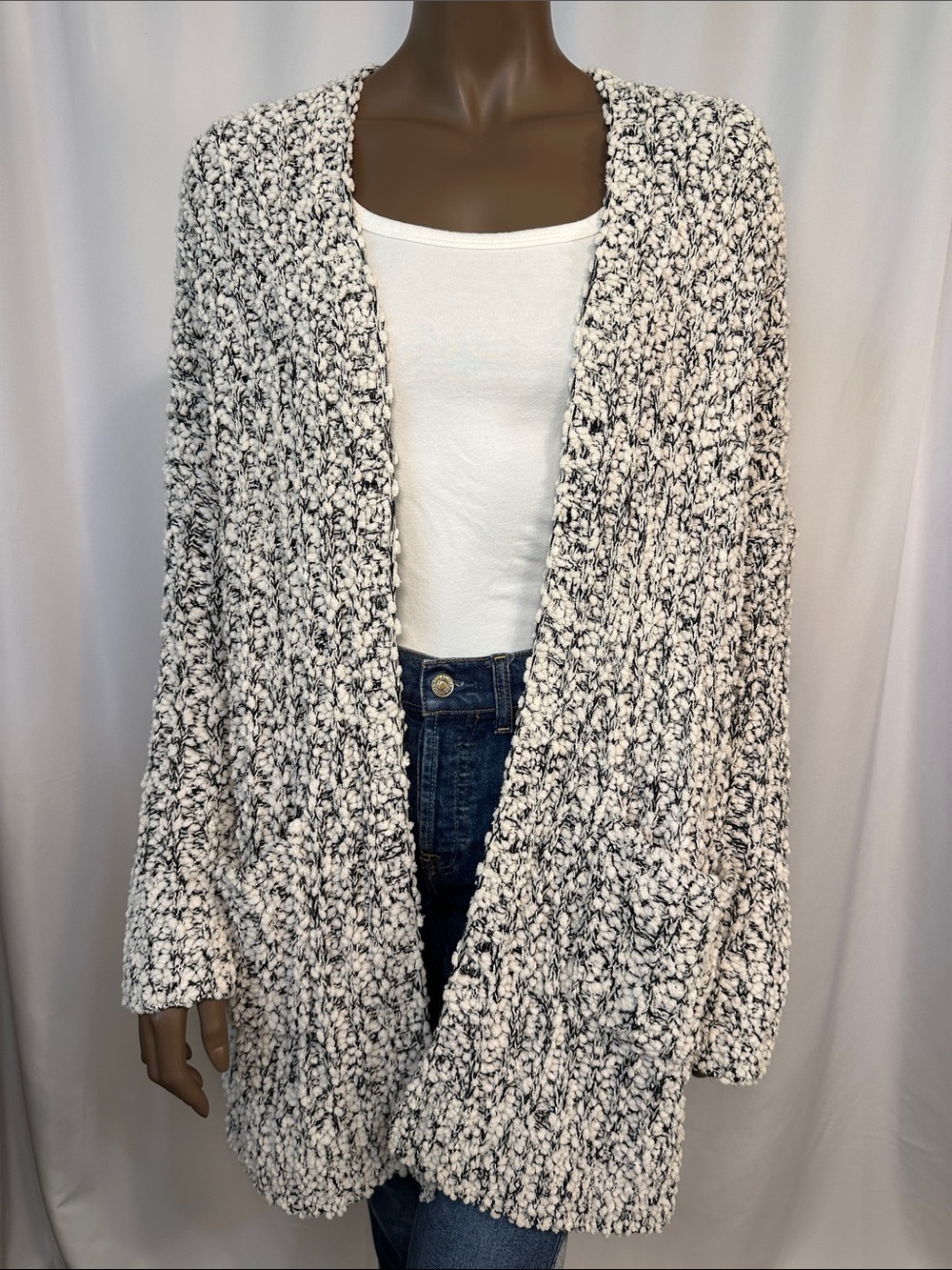 On the Road Black & White Popcorn Knit Open Cardigan w Pockets